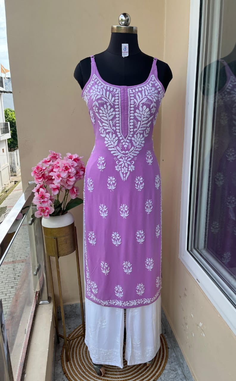 Premium Organic Cotton Sleeveless Chikankari Kurti-Plazzo Set — Lavender