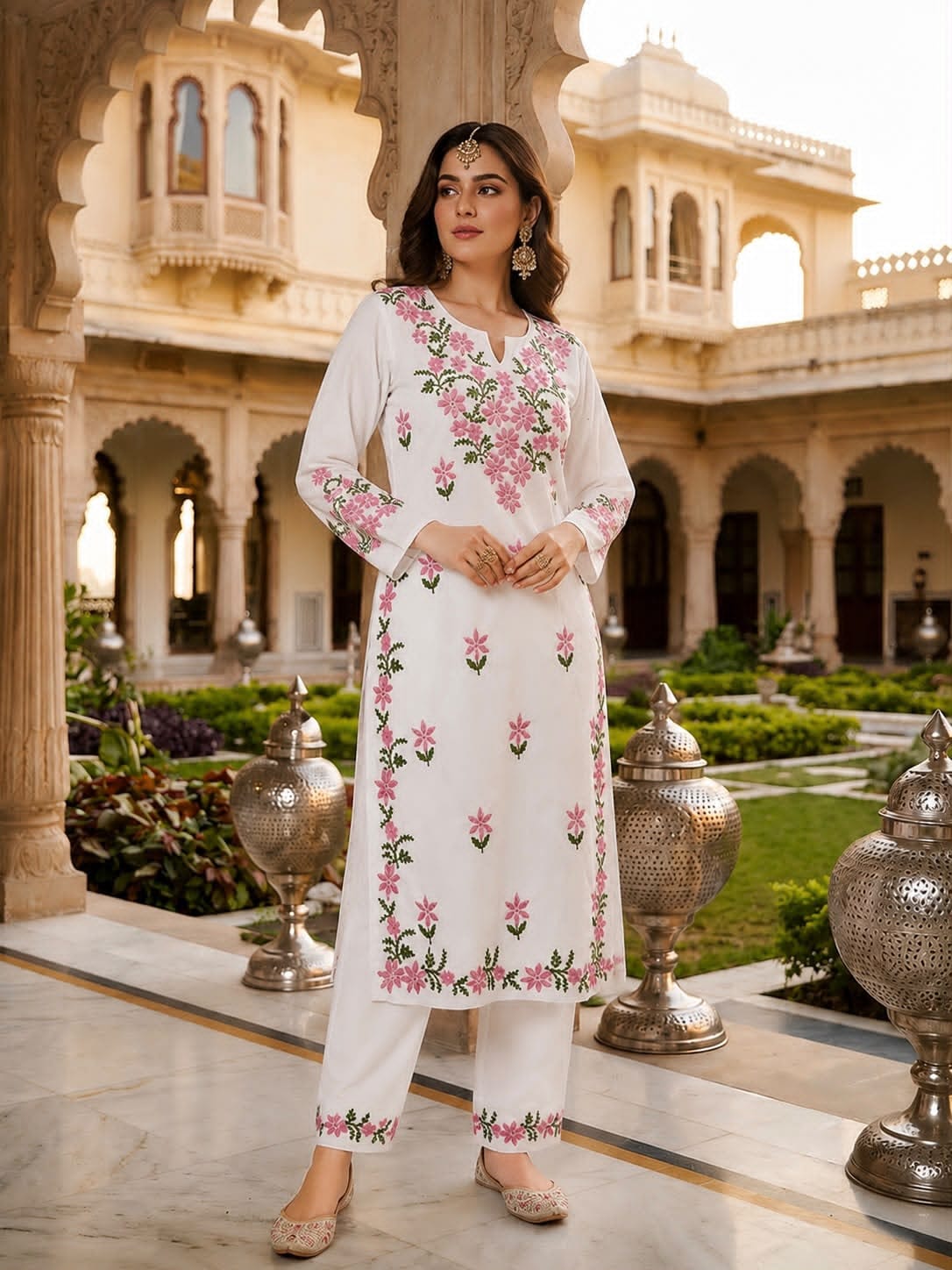 Women's Plus Size Modal Cotton Floral Embroidered Kurta Pant Set (46-52) — Pink Floral