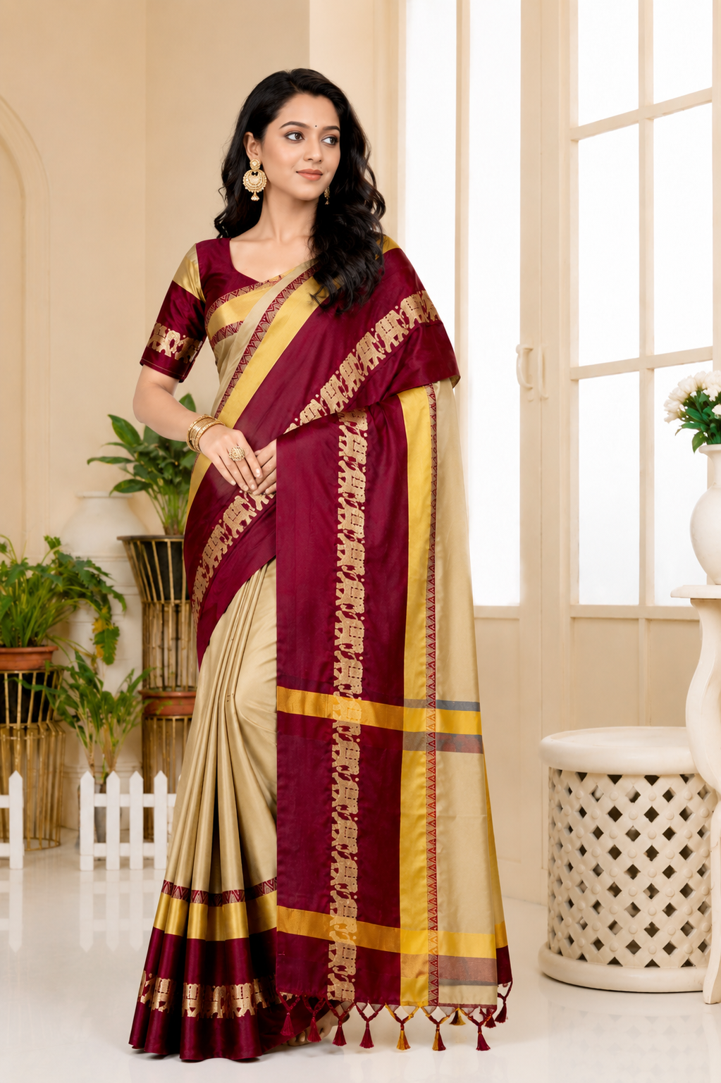 Beige & Brown Hathi Design (Elephant) Cotton Silk Saree