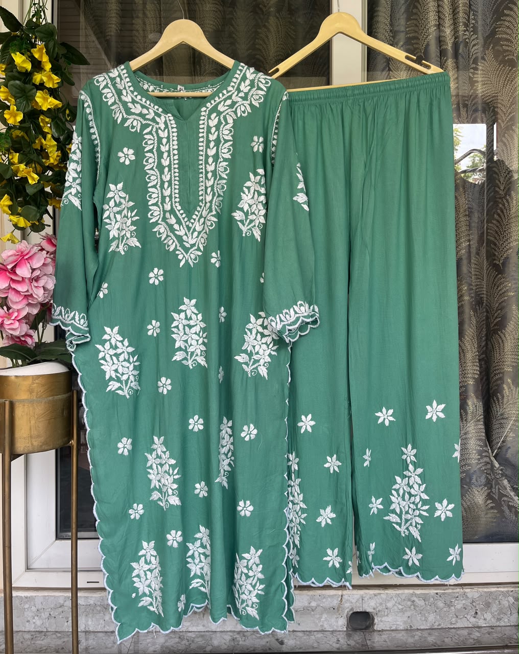 Premium Organic Chikankari Kurti-Plazzo Set — Sea Green