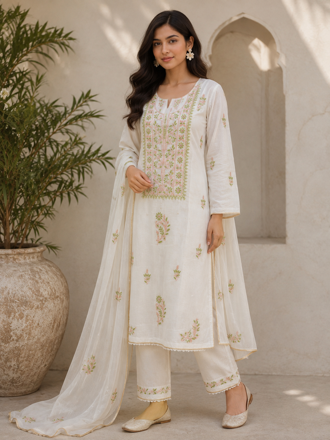 Elegant Floral Embroidered Cotton Suit Set with Dupatta