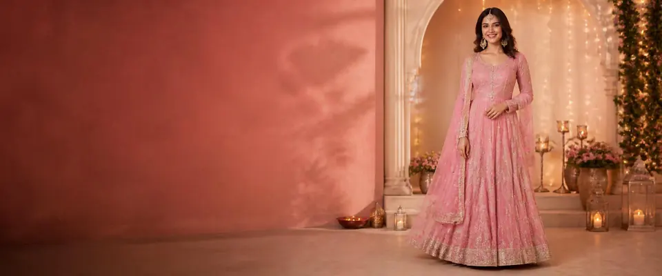Woman in a pink embroidered Anarkali at an elegant Diwali celebration