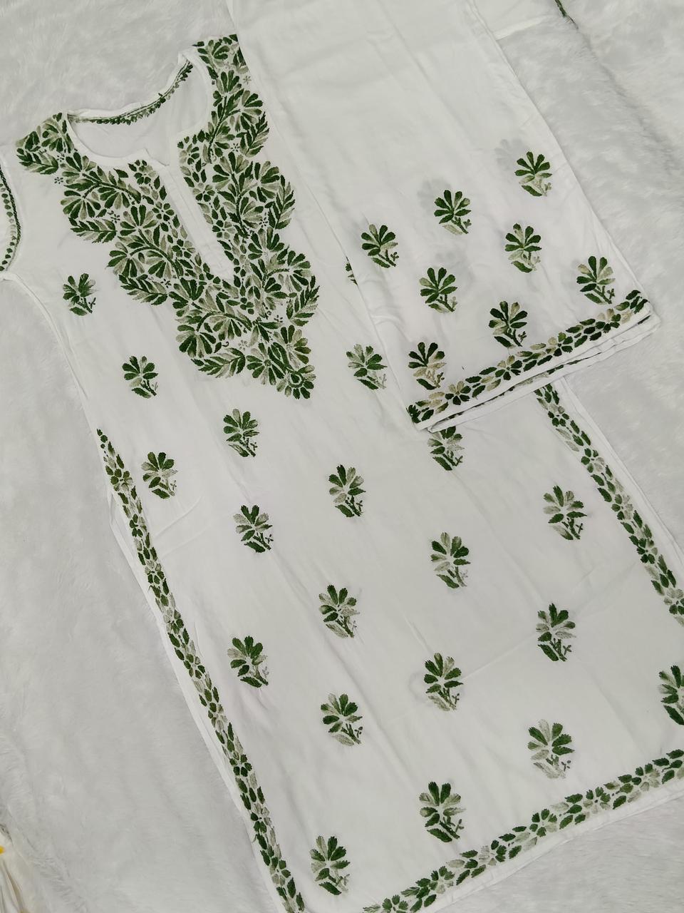 White & Green Chikankari Kurti-Plazo Set — White