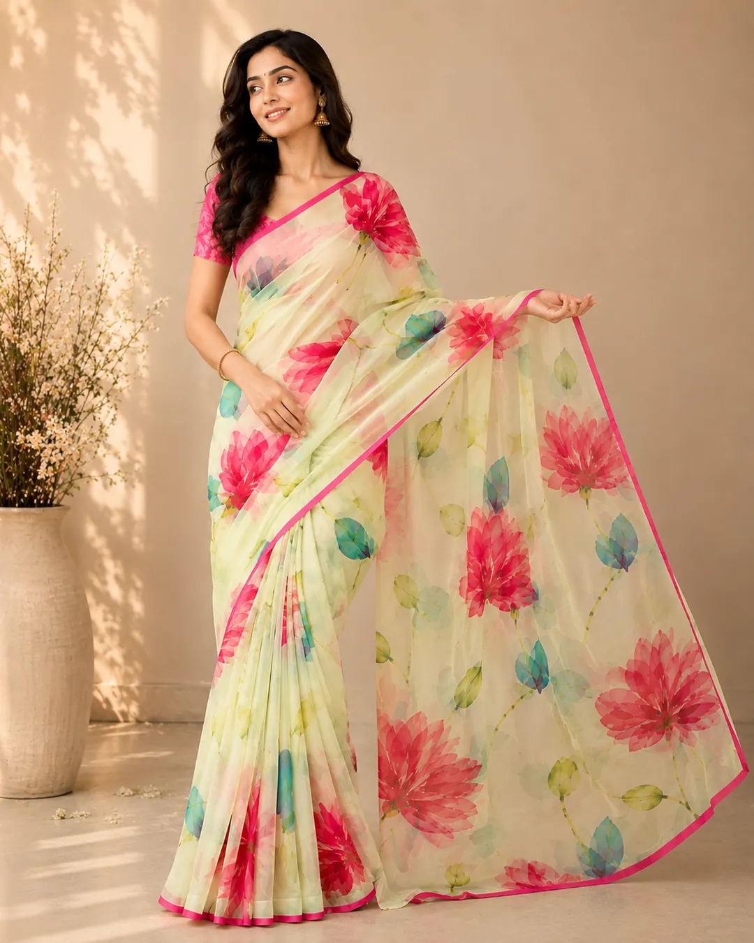 BEST PRICE Trendy Cream Floral Designer Banarasi Georgette Saree